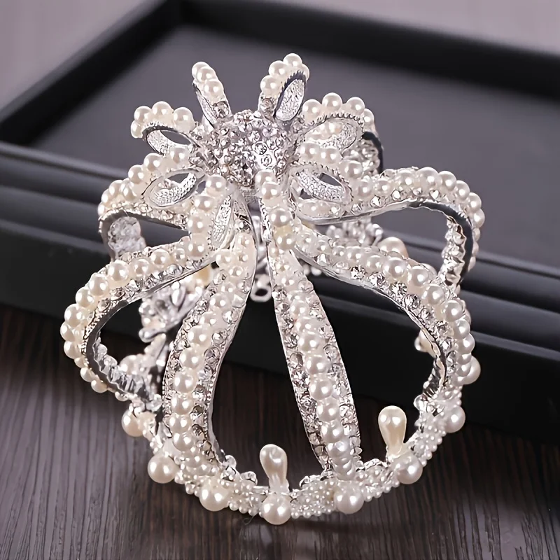 Luxury Silvery Gold Color Tiaras And Crown Simulated Pearls Crystal Rhinestone Diadems For Bride Women Wedding Hair Accessories image 5