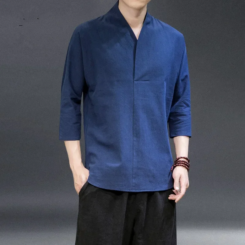 Summer Thin Hanfu Ancient Style 3/4 Sleeves Solid Color Kung Fu Clothes Harajuku Top Chinese Style Cotton Linen T Shirt Men