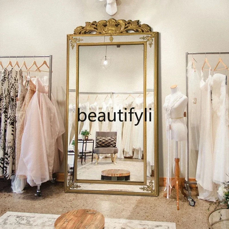

French retro full-length mirror floor-to-ceiling home art engraved clothing store fitting mirror wall-mounted customization