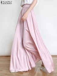 ZANZEA Vintage Fashion Long Pants Women Wide Leg Satin Trouser 2024 Summer Korean Elastic Waisted Loose Pants Casual Pantalons