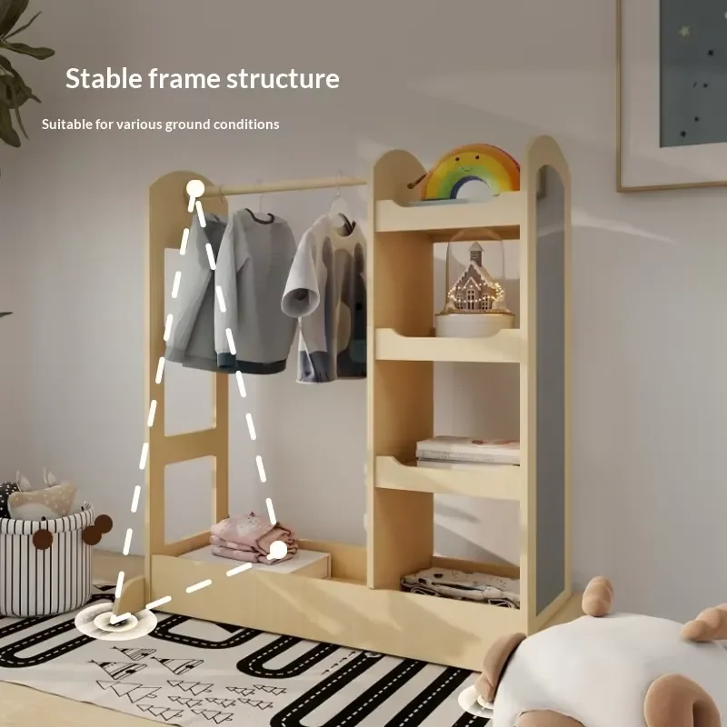 Children's wardrobe natural wood color modern minimalist design wardrobe mirror with multi-layer hangers