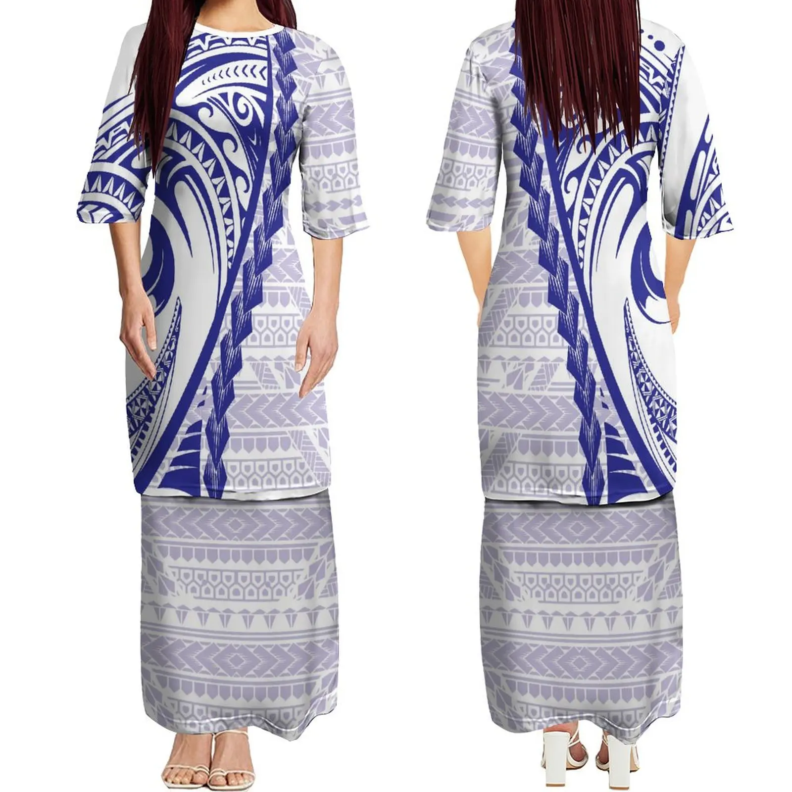 Vestido de meia manga com decote em O feminino, Design Estampado Polinésio, Samoa Vestuário, Dupla Camada, Vestidos Havaianos