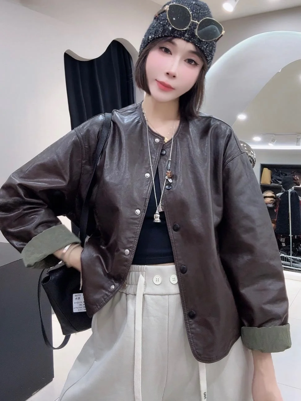 

Double-Sided Wear Real Leather ort Jaet round Ne Loose Top 2024 New Plant Tanning Women's Outerwear eepskin Coat