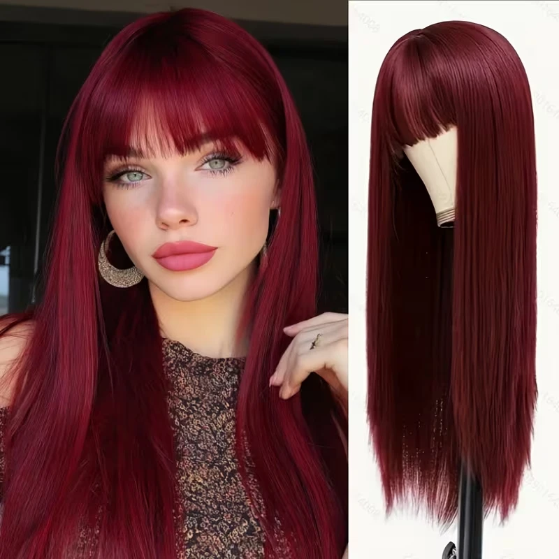 

Red wine color synthetic wig with straight long hair, Halloween party cosplay wig, daily high-temperature hair accessory wig set
