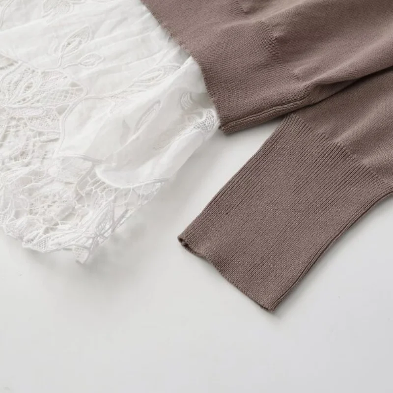 Women's Loose Fit V-Neck Lace Trim Long Sleeve Knit Sweater Simple Style Patchwork Pullover Top