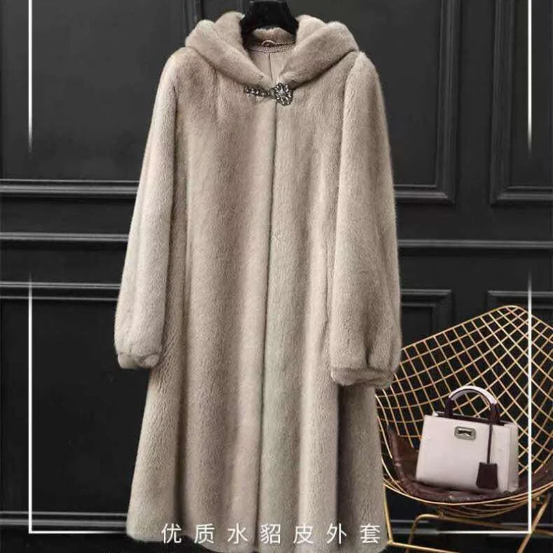 2024 Winter New Middle Age Fox Fur Grass Imitation Mid Length Mother Parker Coat Thick Hooded Warm Mink Fleece Jacket Y188