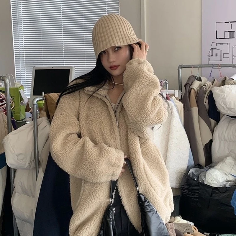 Gidyq Fashion Women Lamb Wool Jackets Korean Streetwear Thick Warm Parka Coats Winter Casual Female Zipper Loose Outwear New