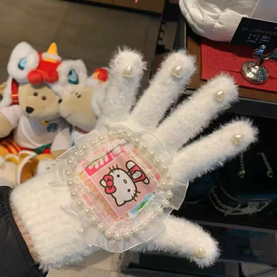 

MINISO Glove Hello Kitty Anime Peripheral Cartoon Fashion Cute Finger Gloves Winter Keep Warm Comfortable Touchscreen Gloves