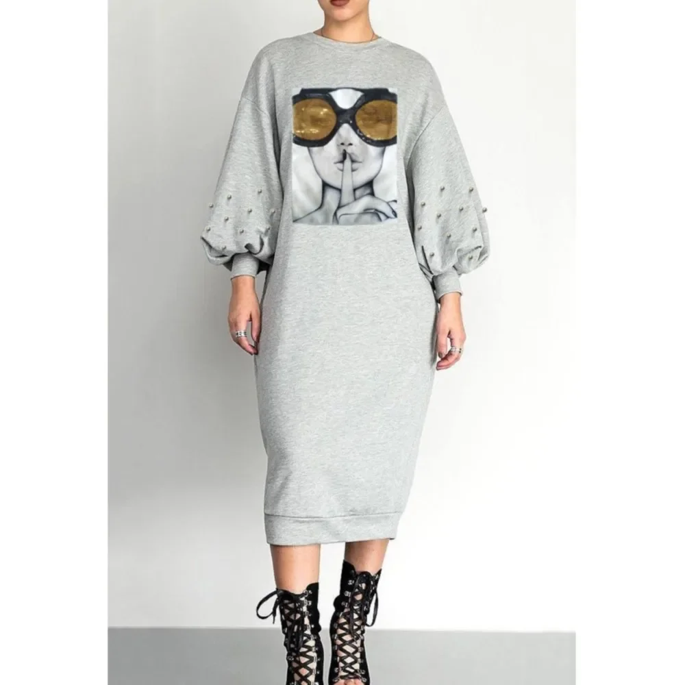 CPSYMYM Fashion Bubble Long Sleeve Beading Sequin Women's Hoodie Dress Spring And Autumn New Casual Printed T Shirt Female Long