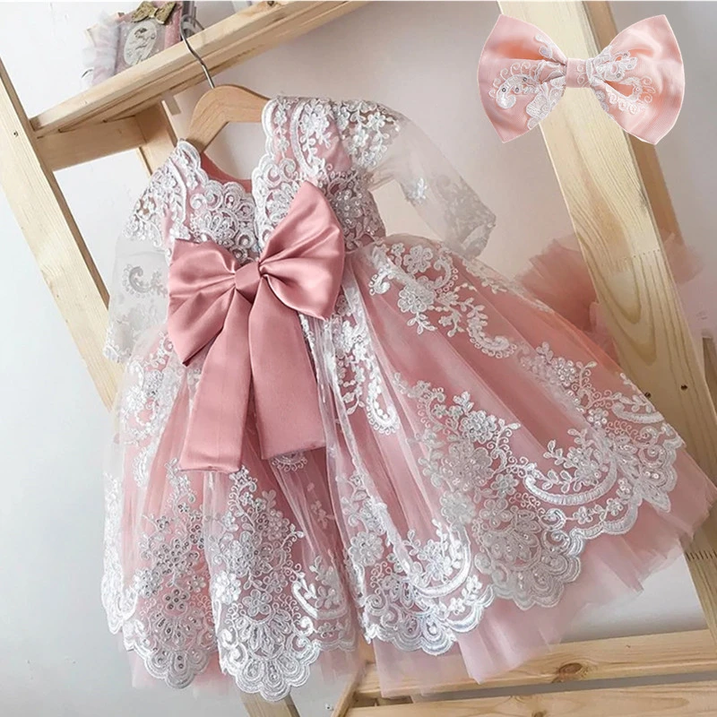 Toddler Baby Girls 1st Birthday Baptism Dresses Embroidered Elegant  Princess Party Gown First Communion Infant Kids Lace Dress