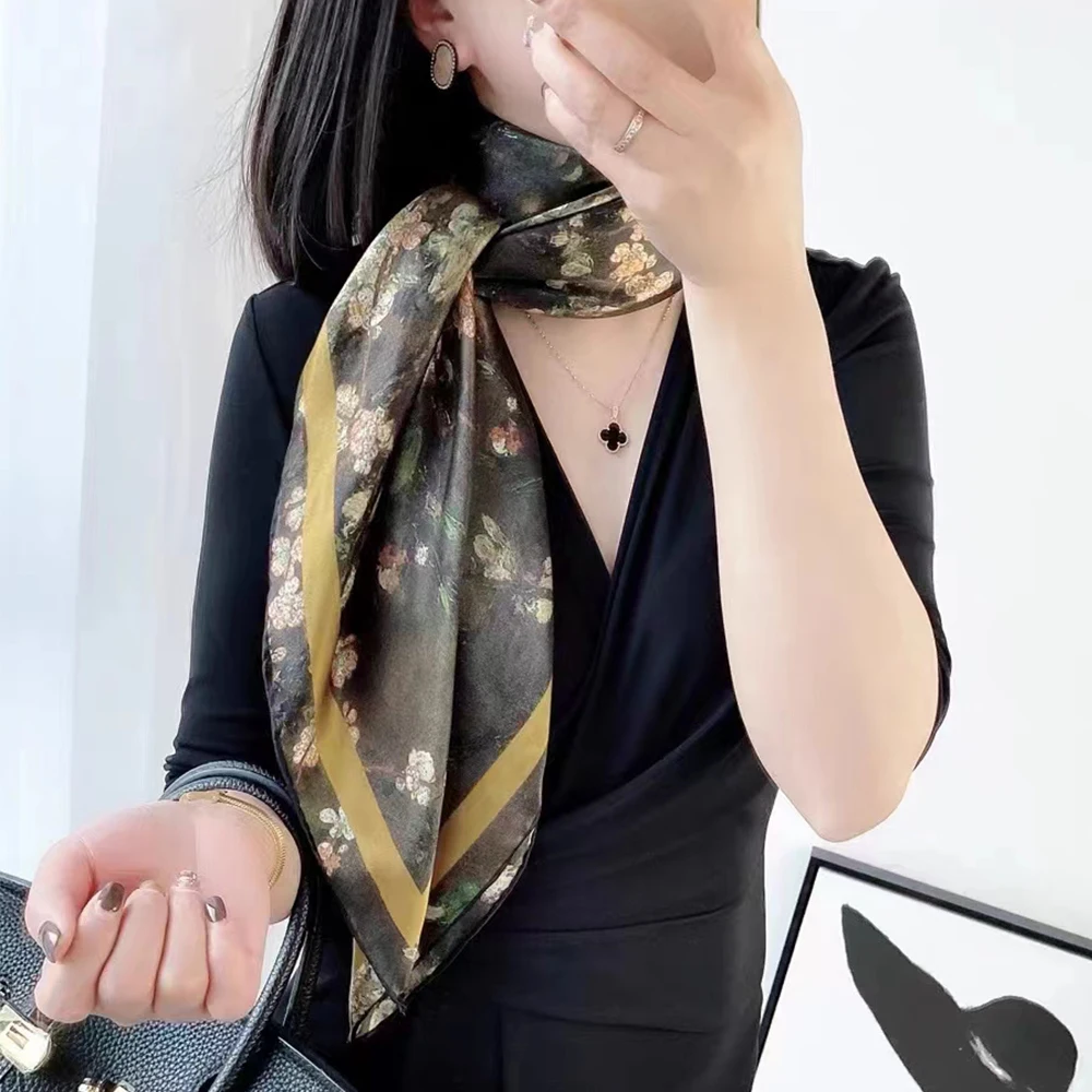 BYSIFA|Coffee Green Femmes100% Silk Scarf Shawl Foulard Fashion Real Silk Scarves Wraps Fall Winter Brand Square Scarves 110*110