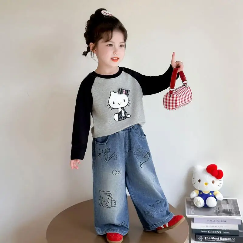 

Sanrio Hello Kitty, комплекты пуловеров, топы для девочек, джинсы, прямые штаны, детская весенне-осенняя модная новая повседневная одежда с героями мультфильмов Kawaii