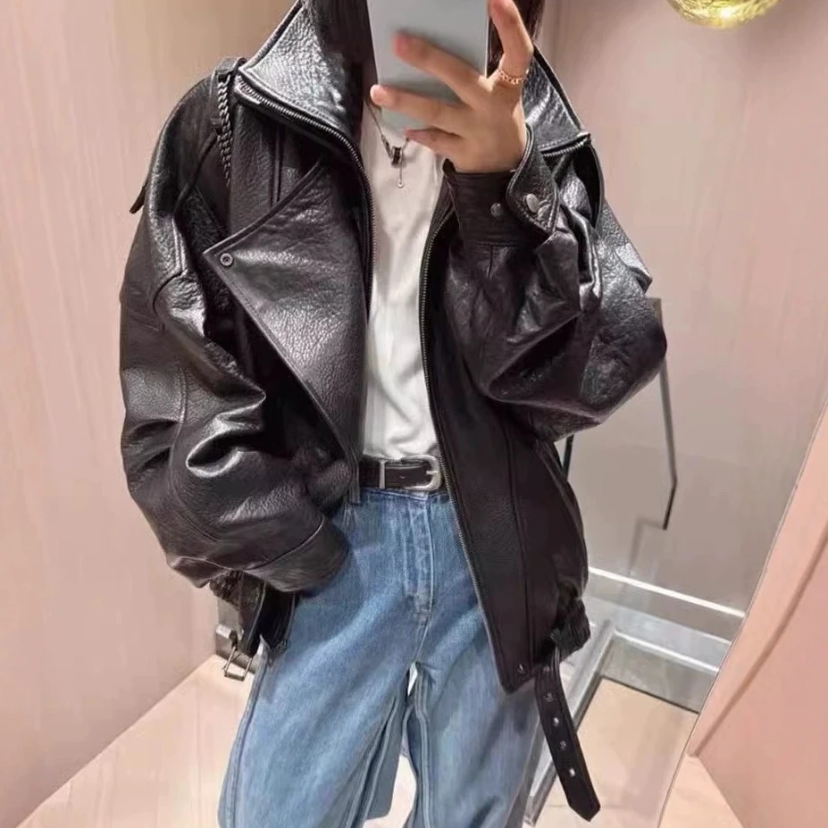 Women Jacket PU Leather Casual Short Punk Lace Up Turn Down Collar Long Sleeve Zipper Loose Y2k Street Wear British 2026 Winter