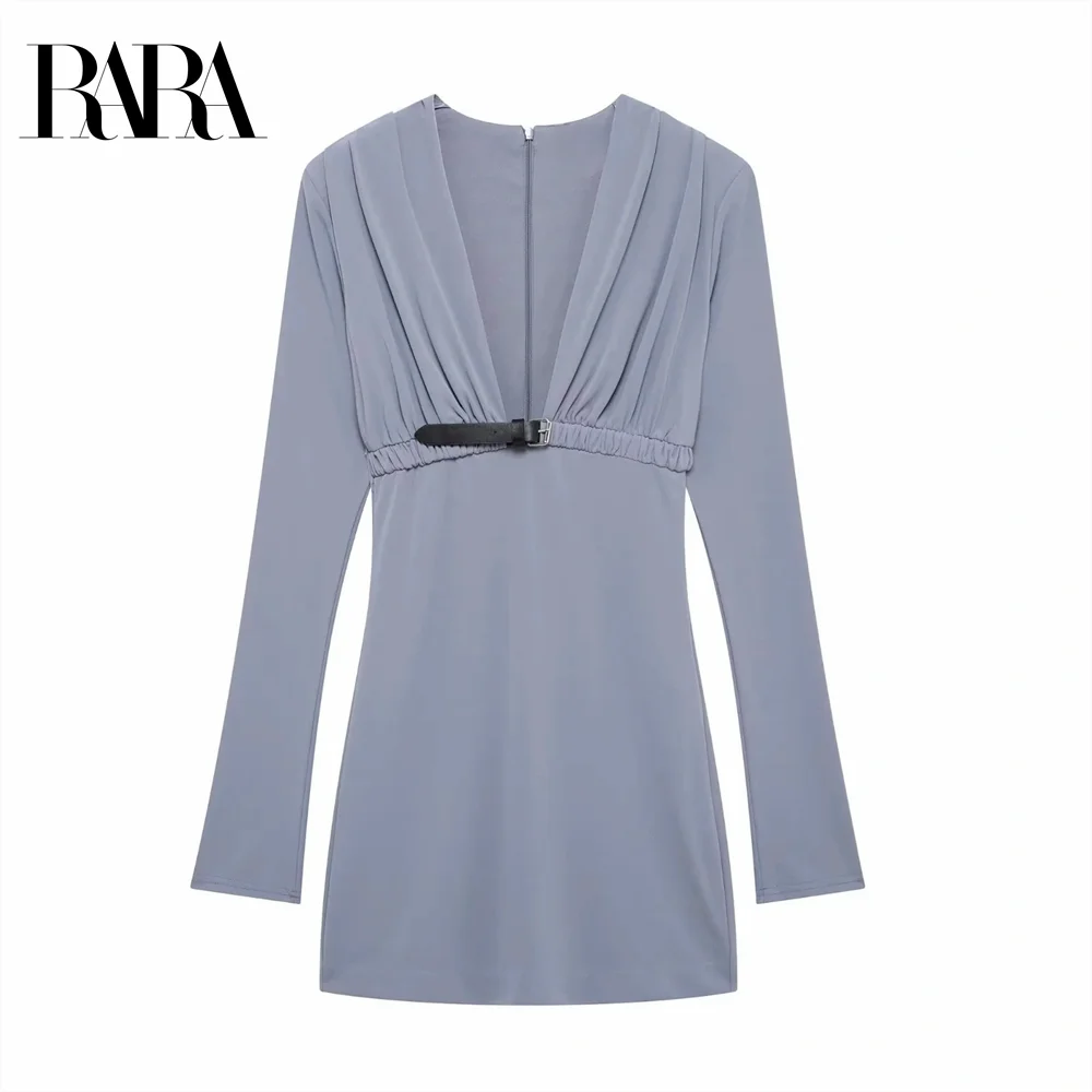 

2024 RARA Autumn New Product Women's Wear with Waist Belt Wrinkle V-neck Elegant Long Sleeve Strap Mini Dress