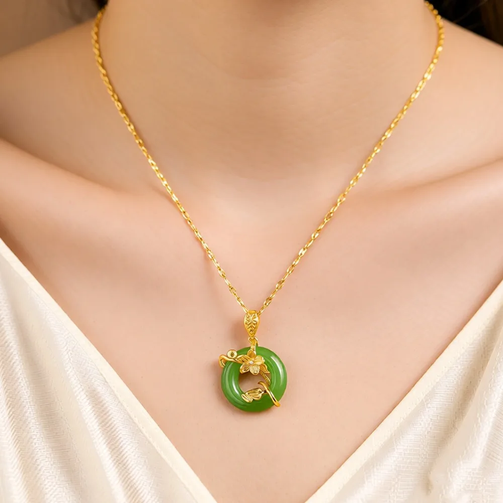 Chinese Style Stainless Steel Plum Blossom Wrapped Colorful Peace Buckle Pendant Necklace for Women Mom Non-fading Jewelry Gift