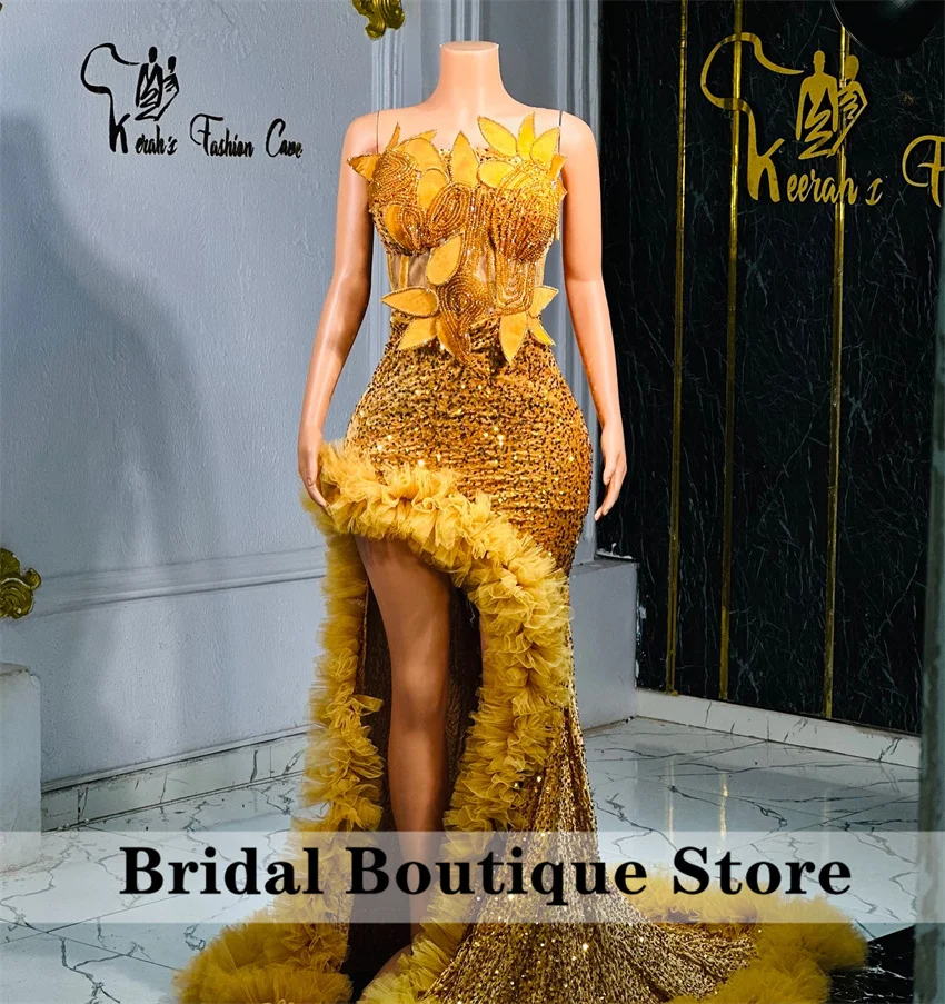 

Aso Ebi African Gold Prom Dresses 2025 Off Shoulder 3D Floras Sequin Evening Party Gowns Luxury Robes De Soirée Customized