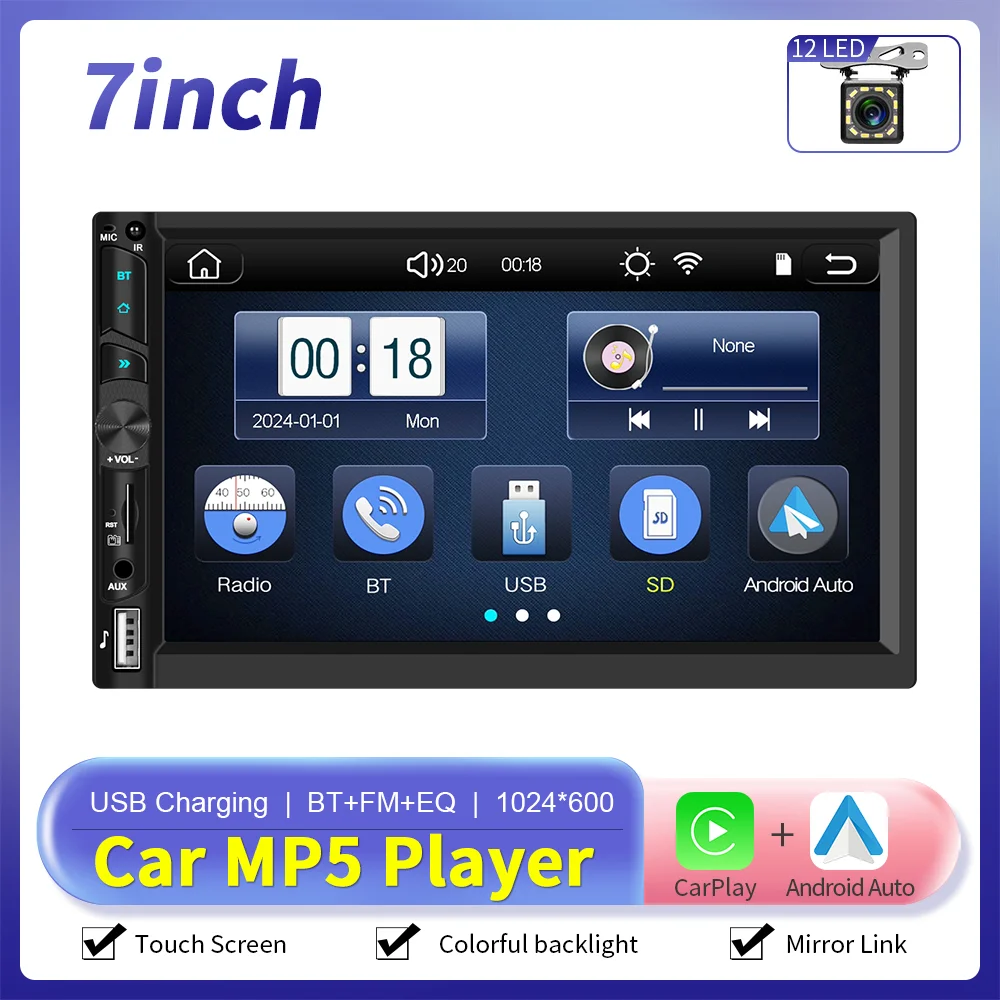 Camecho Autoradio 2 Din Draadloos Carplay Android Auto Universele auto-multimediaspeler Autoradio 7 inch HD-scherm FM Bluetooth