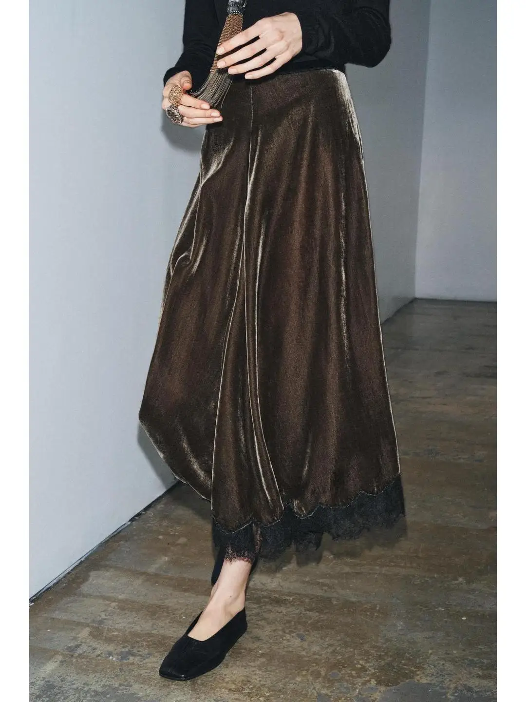 

Ele High Waist Midi Skirt Color Blo Lace Patchwork Autumn Winter New Arrival Women's Faion Spring Summer Travel Friendly