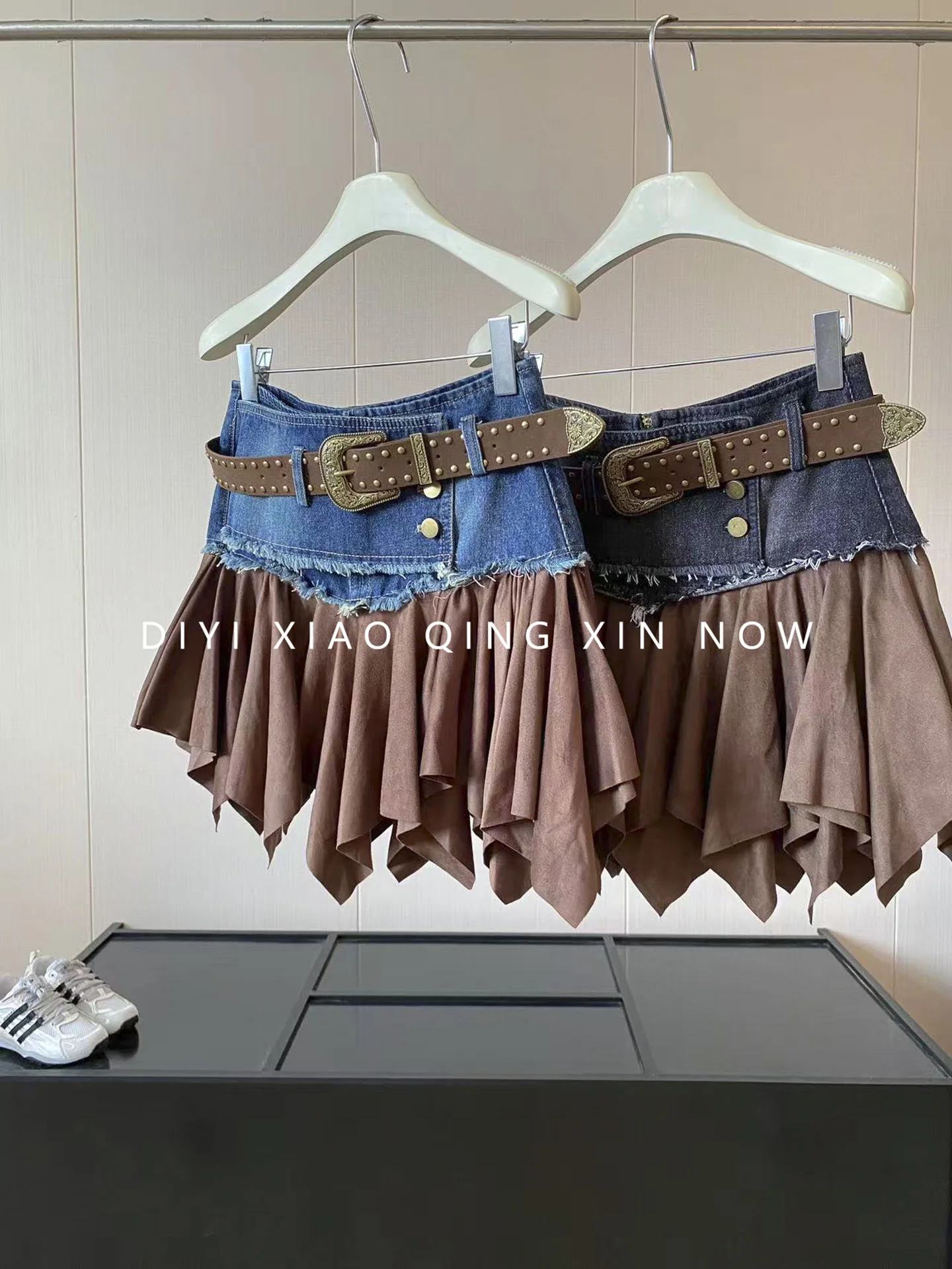 High Waist A-Line  Skirt Women's Denim Patchwork Trendy Short Skirt Asymmetrical Design Slimming Effect Casual Style
