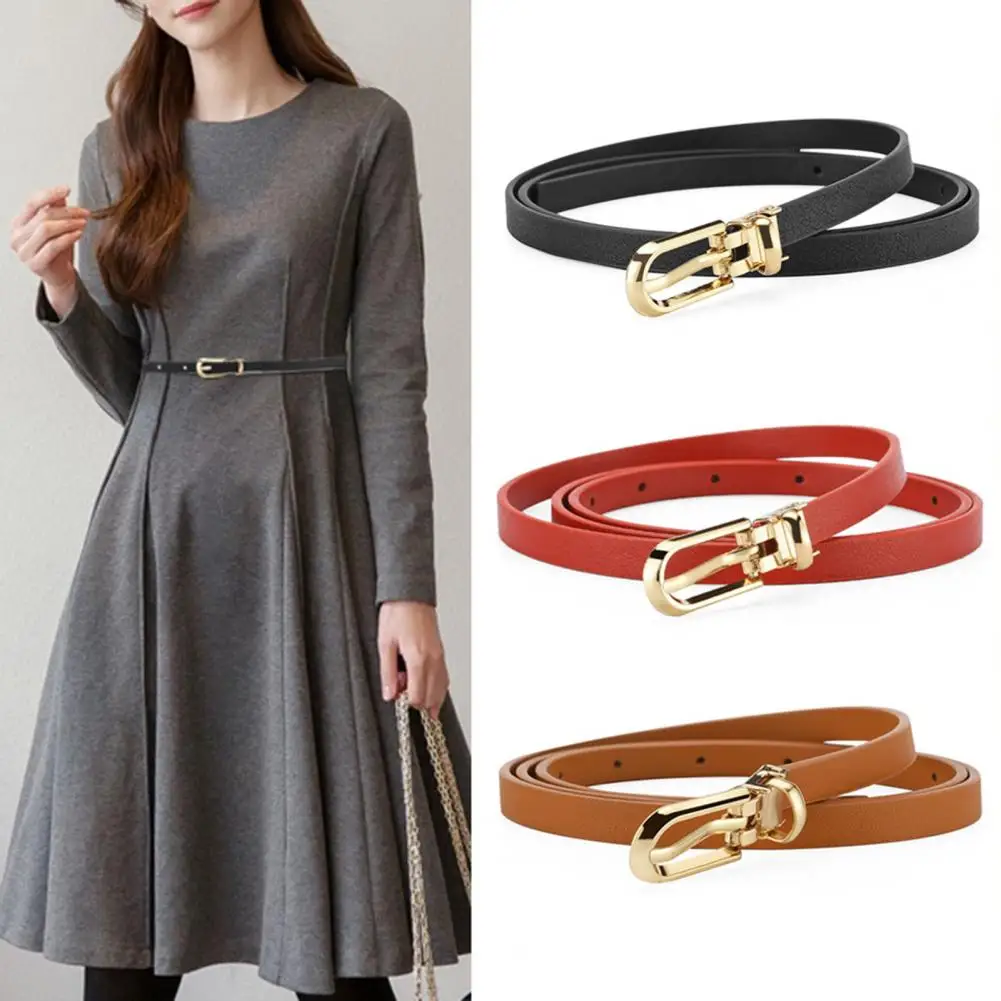 Women Belt Adjustable Multi Holes Faux Leather Alloy Buckle Thin Belt Solid Color Waist Tight Dress Belt Clothes Ornament