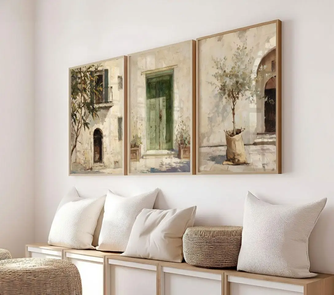 Mediterranean Town Wall Art Set, Vintage Neutral European Architecture Canvas Prints, Rustic Boho Home Decor & Perfect Gifts