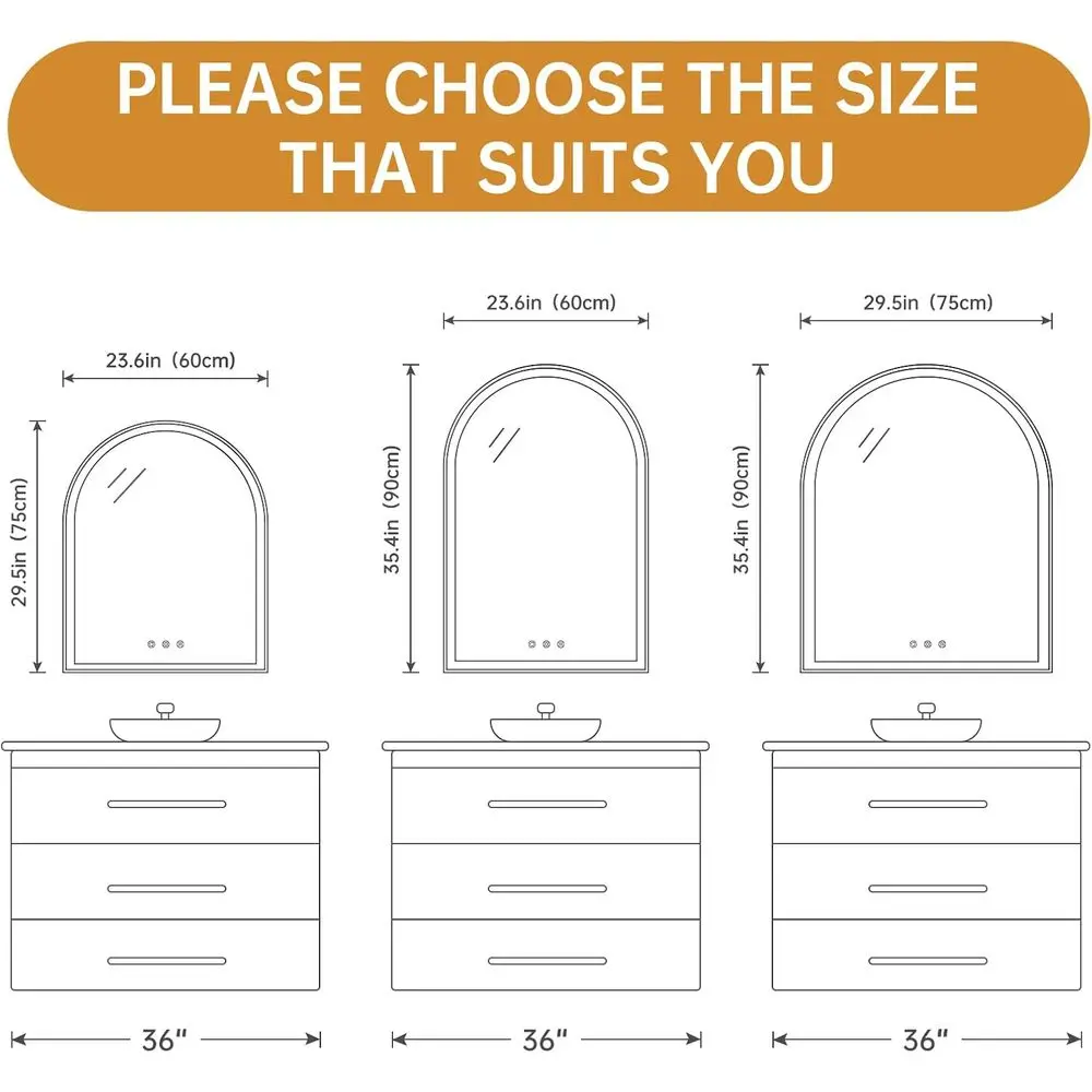 مرآة حمام LED بدون ضباب مقاس 30 × 36 مع إضاءة ذهبية برتقالية، قابلة للتعتيم، 3 خيارات ألوان، تحكم باللمس، مقاومة للكسر #2