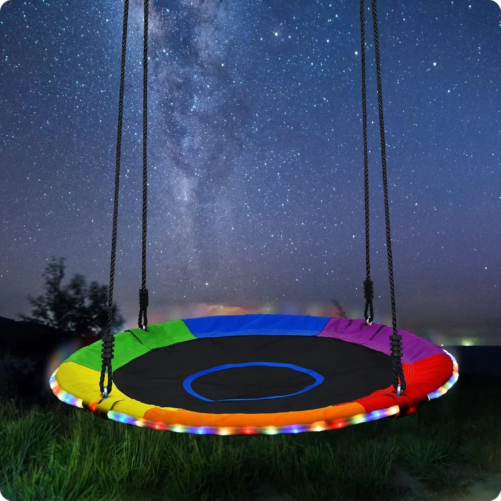 

700lbs 40" Saucer Tree Swing for Kids Adults Outdoor with LED Lights, 2 Tree Hanging Straps-Rainbow