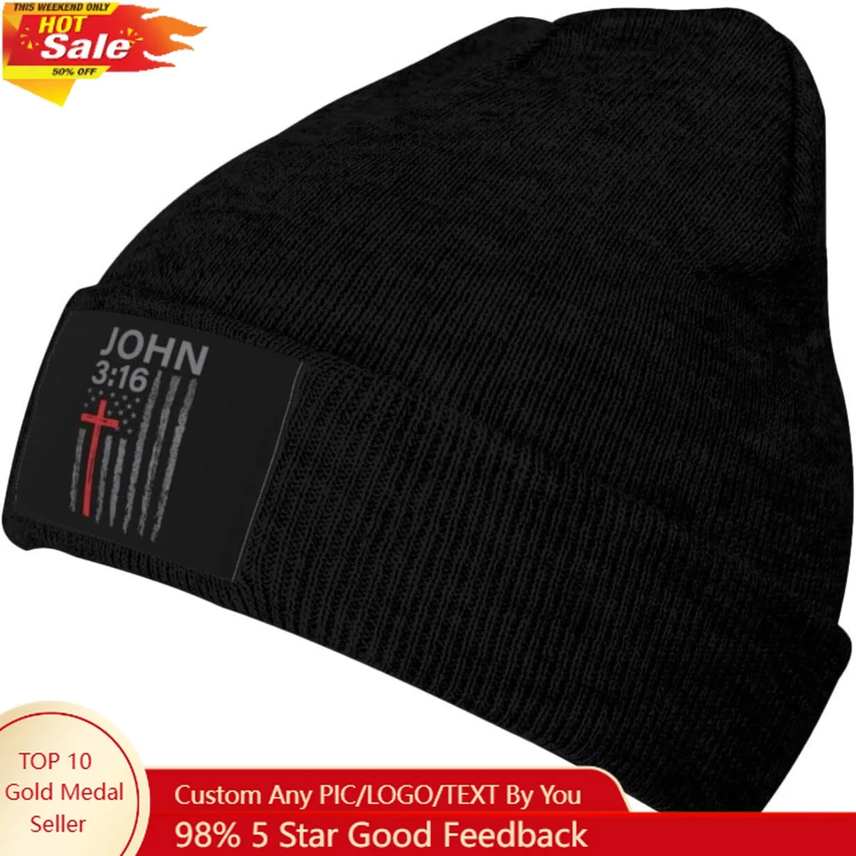 

John 3:16 Faith Cross American Flag Patriotic Black Beanie Hat for Men Women Warm Hats Knit Stocking Hats Skull Cap