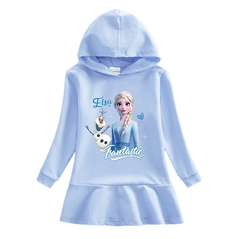 Disney Quality Cotton 2024 New Girls Dress Clothing for Children Pink Long Sleeve Kids Blue Frozen Elsa Clothes Hooded 2-8Y