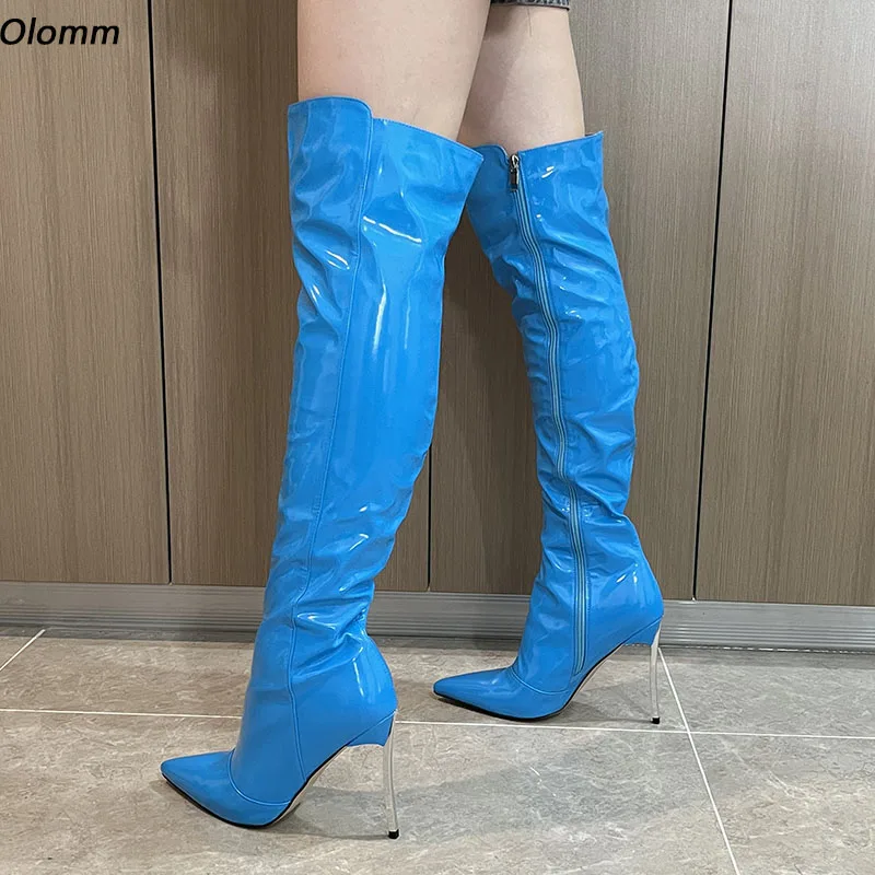 

Olomm/Новые женские зимние сапоги выше колена на металлическом каблуке с острым носком, красивые светло-голубые туфли для вечеринок, размер США 5-15