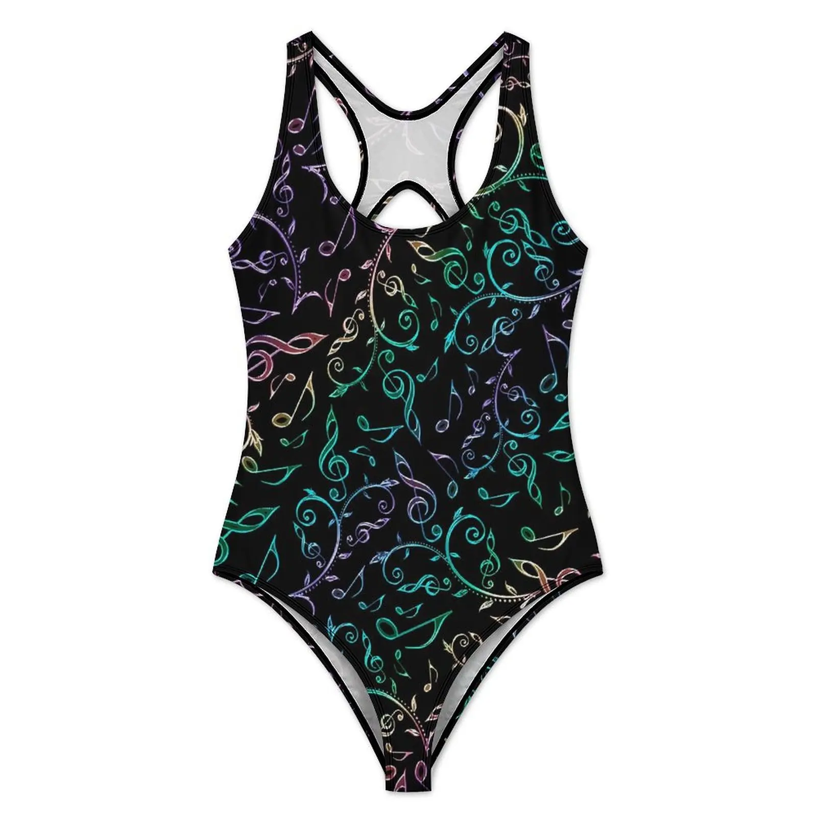 Rainbow Music Notes Swimsuit Sexy Floral Print Ladies Swimwear One-Piece Simple Bodysuit Holiday Swim Push Up Cut Out Beachwear