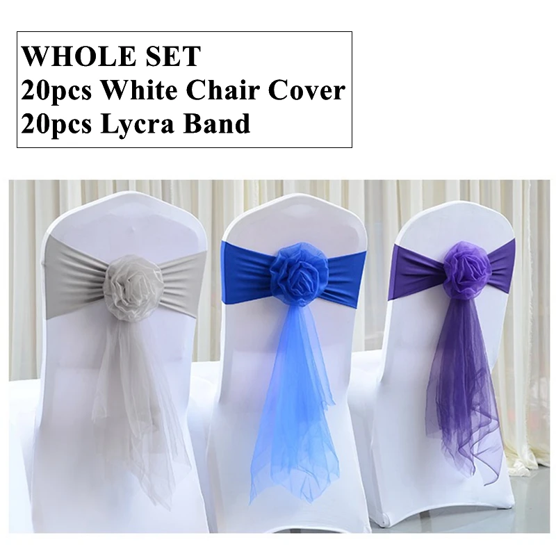 20pcs White Banquet Chair Cover With 20Set Ball Lycra Spandex Chair Band Sash Wedding Event Hotel Decoration