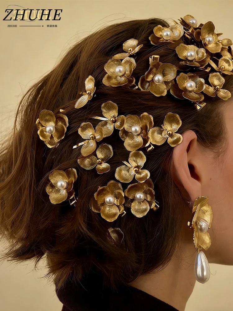 

Vintage Gold Flower Hair Barrettes – Premium Copper Jewelry & Accessories for Women, Pearl-Adorned Hair Clips for Wedding, Prom,