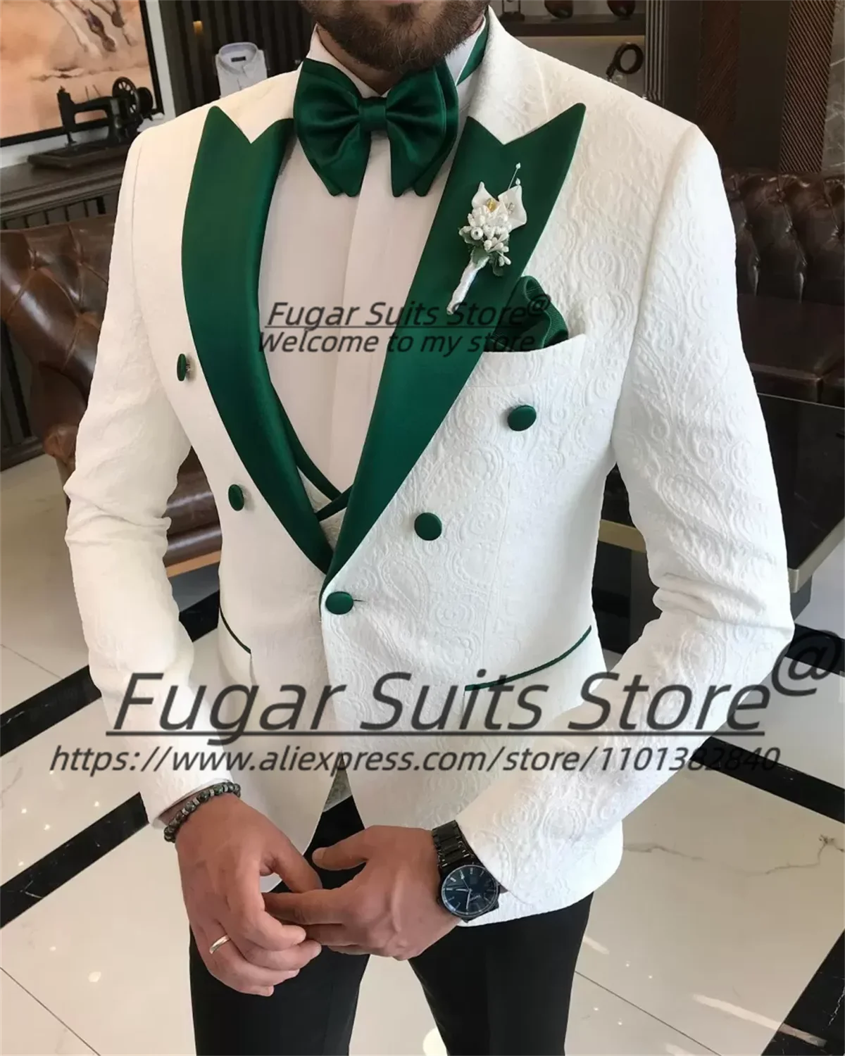 Trajes elegantes de Jacquard blanco para hombre, esmoquin Formal con solapa de pico verde para novio, conjuntos de 3 piezas, Blazers clásicos para hombre, traje ajustado para hombre