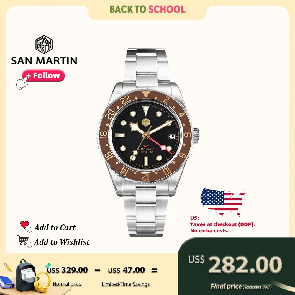 Reloj San Martin Vintage de 39mm para hombre con bisel estilo raíz de cerveza NH34 GMT relojes mecánicos automáticos zafiro resistente al agua SN0109