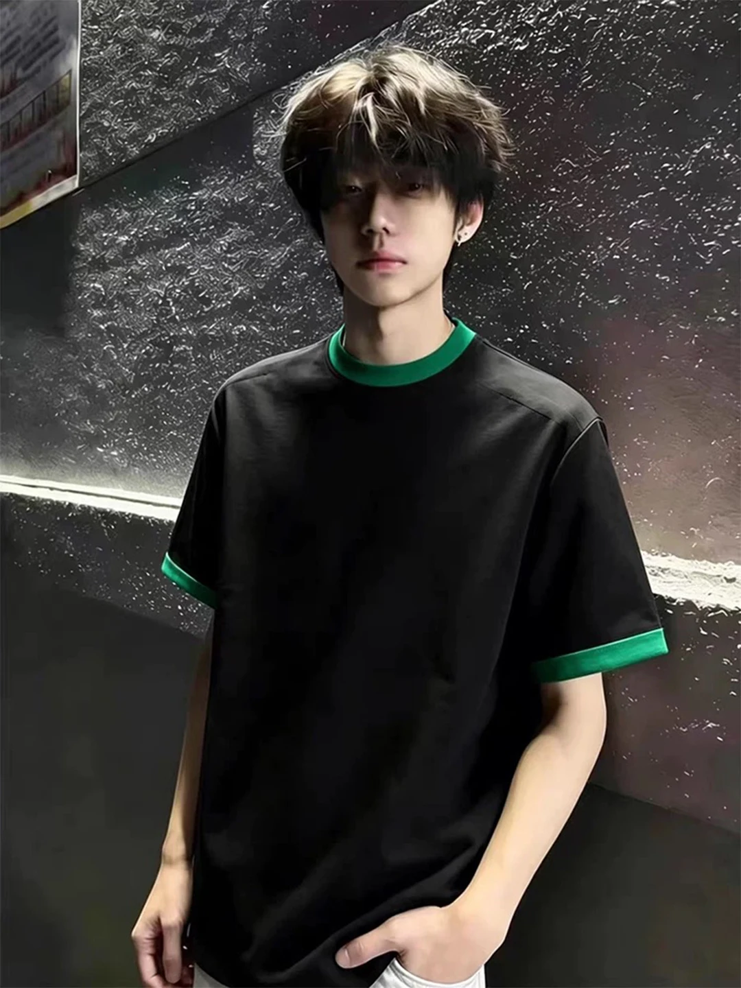 American Style Color Block Short Sleeve round Neck T-Shirt Men's Half Sleeve Patchwork Design Heavyweight Summer Top