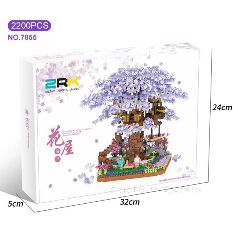 Purple Sakura Blocks With Box Cherry Blossoms Tree House Building Blocks Japanese Street MOC Assembly Brick Toys for Children