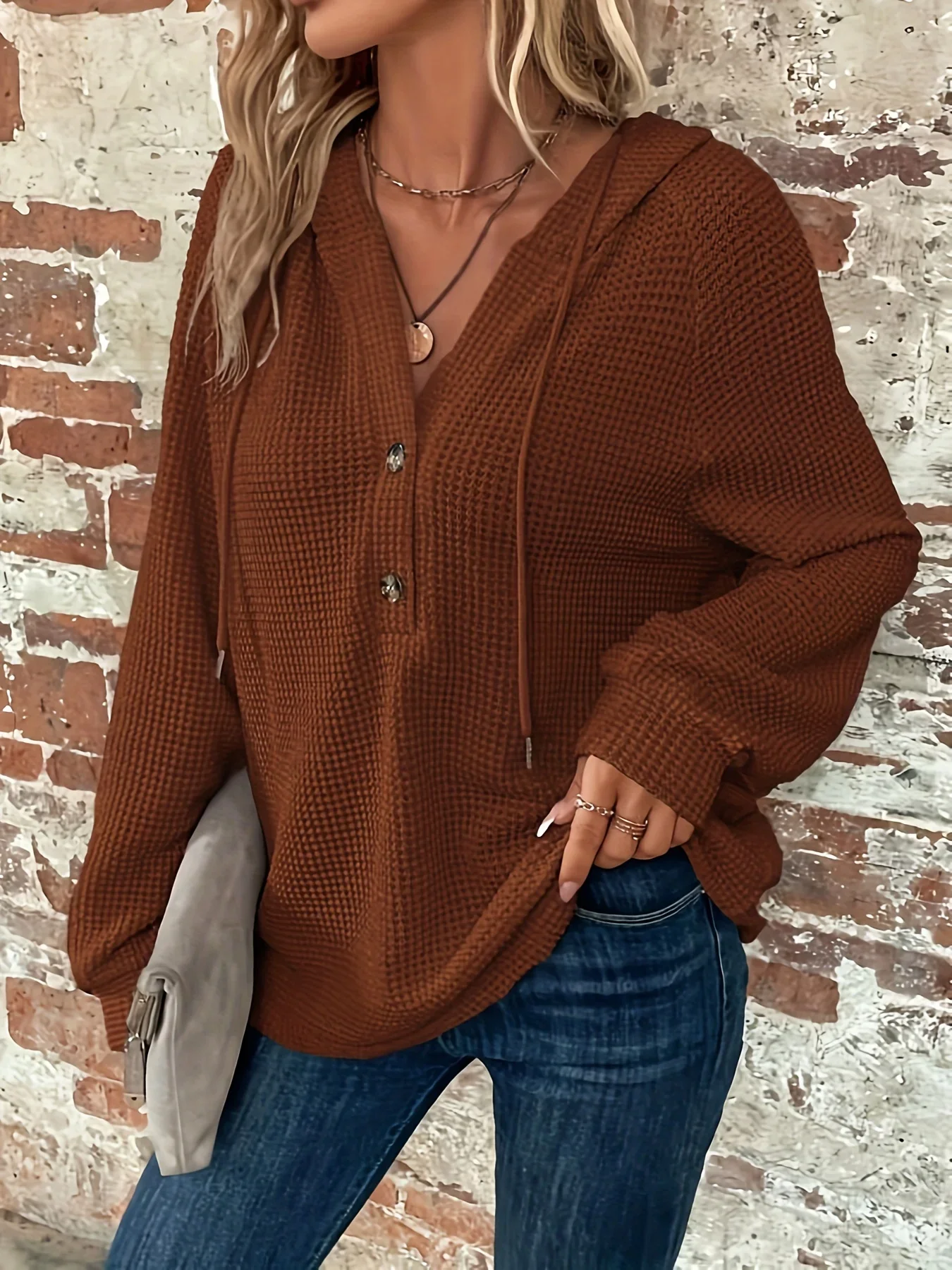 

Plus Size 1XL-5XL Women's Fashion Long Sleeved Autumn and Winter Hooded Solid Color Hoodie Sweatshirt Women with Buttons Hoodie
