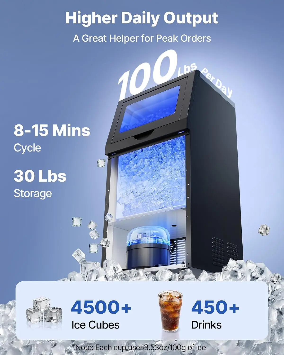 Commercial Ice Maker Machine, 100 lbs/24h with 16-30 lbs Storage Capacity, Built-in/Freestanding/Under Counter, Stainless Steel