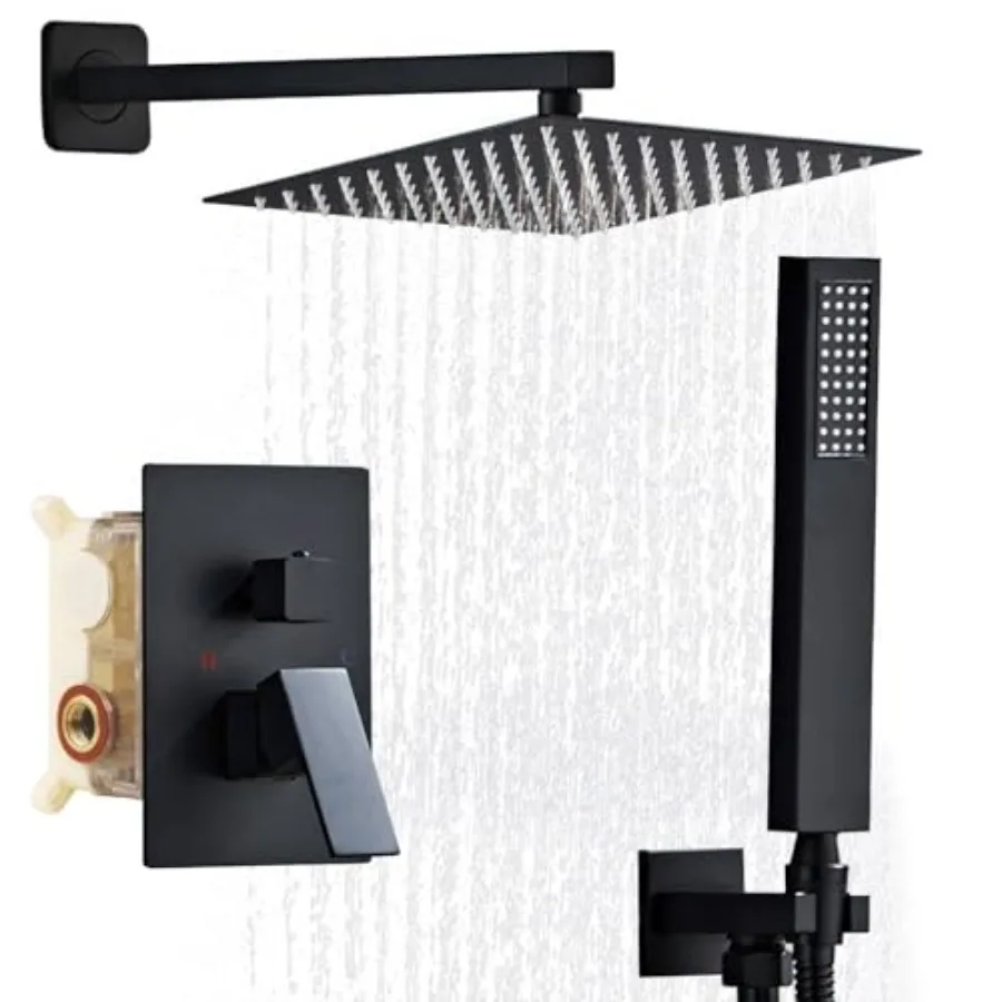 

Black Shower Head System 10 Inch Square Rainfall Shower Head with Handheld Shower Vaval and Trim Kit Wall Mounted Shower Faucet