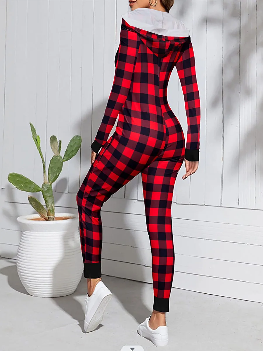 Stretchy Sexy 1Piece Pajamas for Women Cute Long Sleeve Hooded Pajamas Romper Sleepwear Jumpsuit PJS Christmas Party Homewear