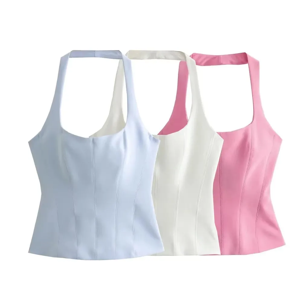 

HH Women Fashion Halter Cropped Top Slim Chic Sleeveless Backless Female Solidr Tank Top Sexy Side Zipper Basics Chic Tops