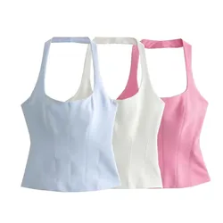 HH Women Fashion Halter Cropped Top Slim Chic Sleeveless Backless Female Solidr Tank Top Sexy Side Zipper Basics Chic Tops
