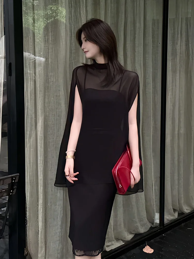 Ladies Black Silk Chiffon Cloak Lightweight Loose Fit Summer Top Half High Collar Sleeveless Outerwear Simple Style Commute