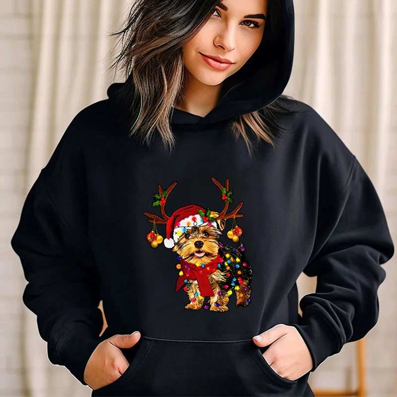 Noël renne Yorkshire chien imprimé Woomen sweats à capuche décontracté mode tendance sweat à capuche polaire à manches longues à capuche sweats de noël