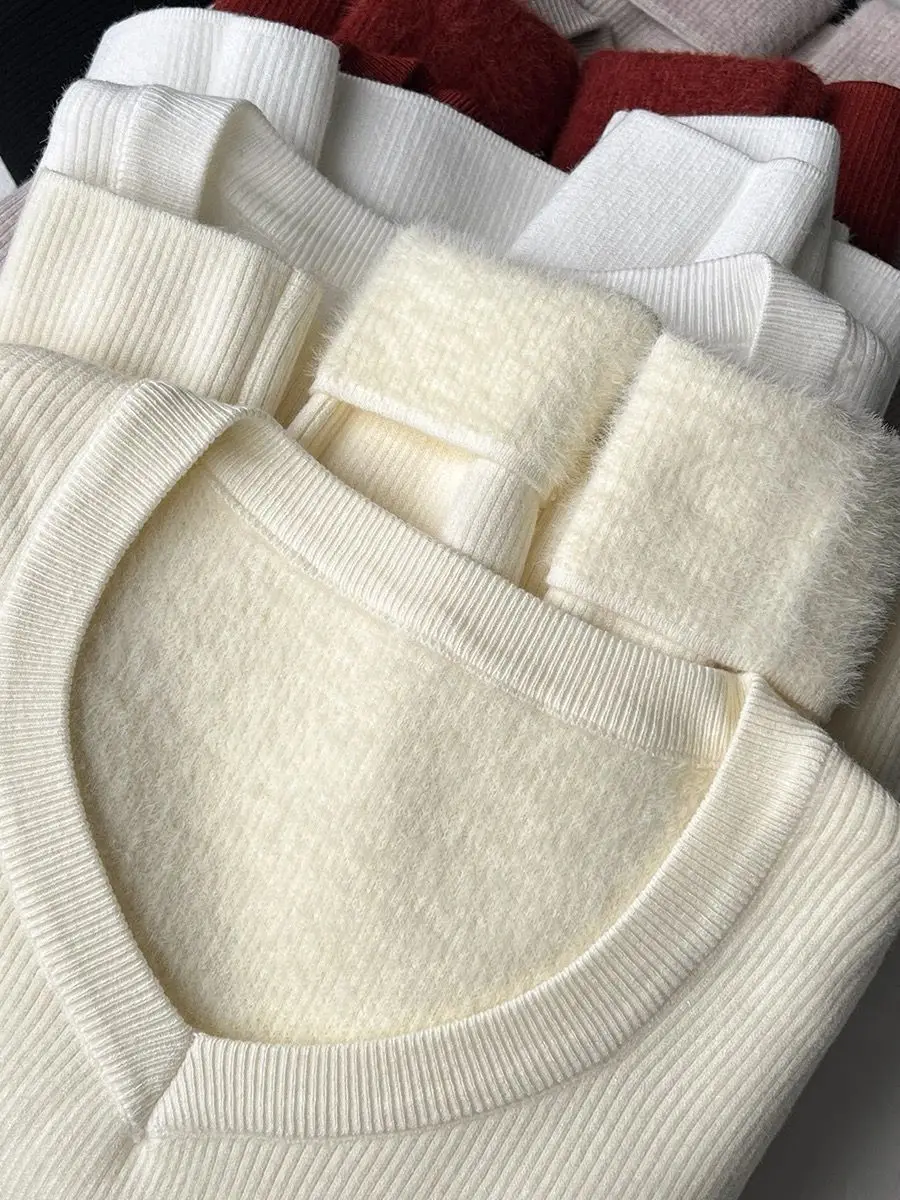 Maglione lavorato a maglia con scollo a V da donna 2025 - Pullover invernale foderato in pile con maniche lunghe, top termico slim fit per stratificazione, peluche caldo Tu