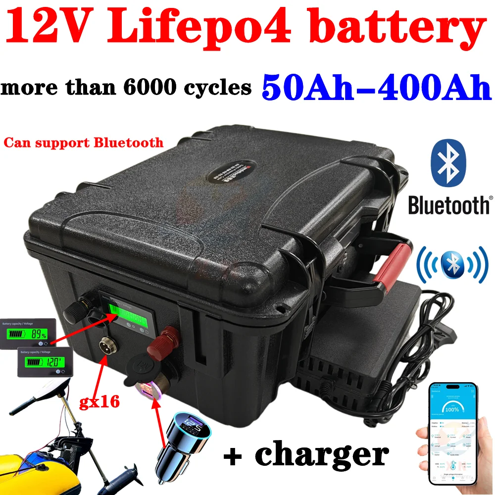 12V 200Ah 100AH 150AH 300Ah 400AH 500Ah 600Ah Lifepo4 batteria al litio bluetooth BMS Alimentatore per barca da pesca inverter