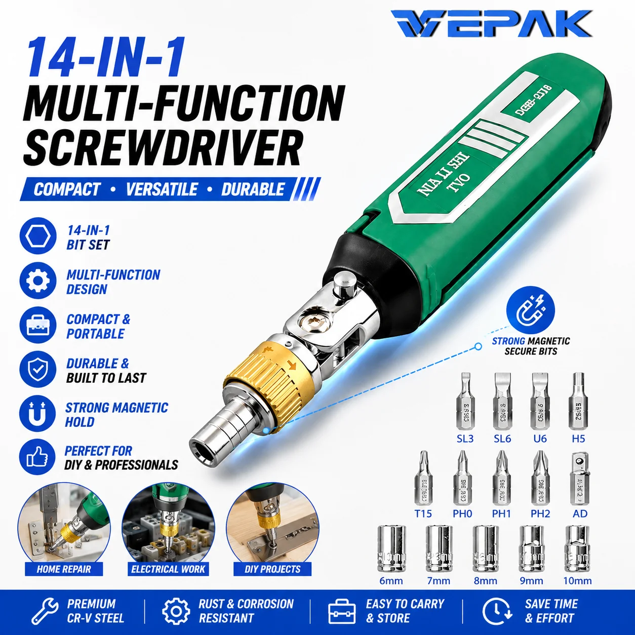VEPAK SDRAG-14IN1 14-in-1 Multi-Function Ratchet Screwdriver Set Magnetic Bit Holder Compact Portable Hand Repair Tool
