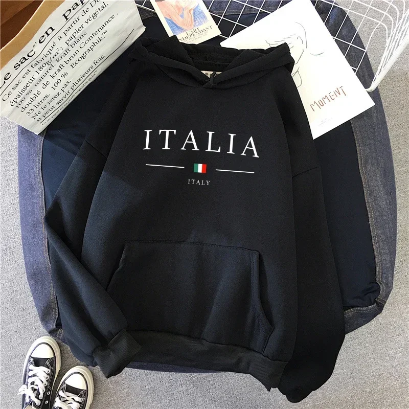 

Woman Hooded Sweatshirt Casual Fashion Italy Print Hoodies Female Home Outdoor Comfort Warm Pullover Daily Sport Loose Hoody Top