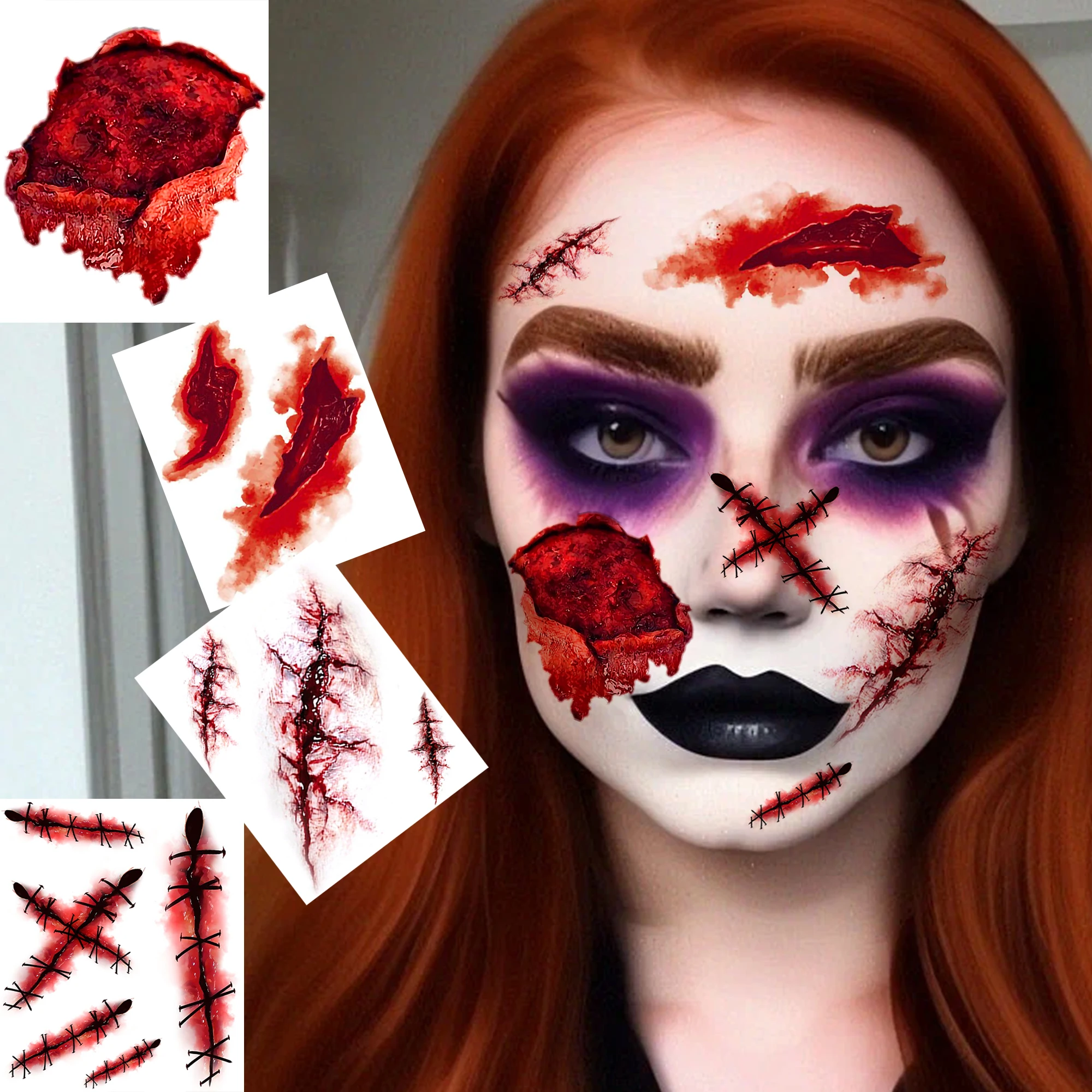 4 Sheets Realistic Bloody Stitched Wound Scar Halloween Zombie Vampire Cosplay Temporary Tattoo, Waterproof Fake Tattoo Stickers